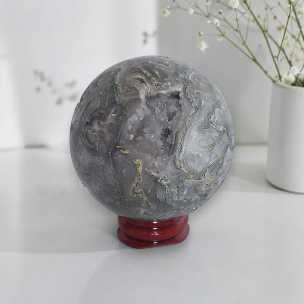 Moss Agate Sphere with Geode, Grey Quartz Decor