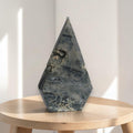 Ocean jasper druzy crystal point, tall dark blue-gray with speckled cream clusters