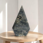 Ocean jasper druzy crystal point, tall dark blue-gray with speckled cream clusters