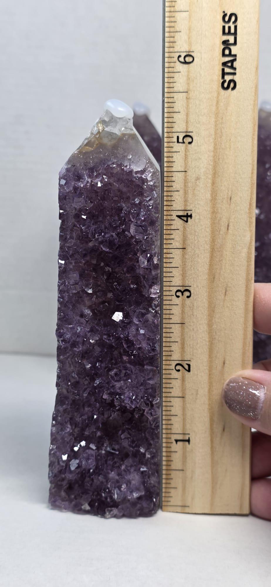 Amethyst drusy crystal tower, dense purple druzy cluster with clear quartz top