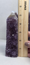 Amethyst drusy crystal tower, dense purple druzy cluster with clear quartz top