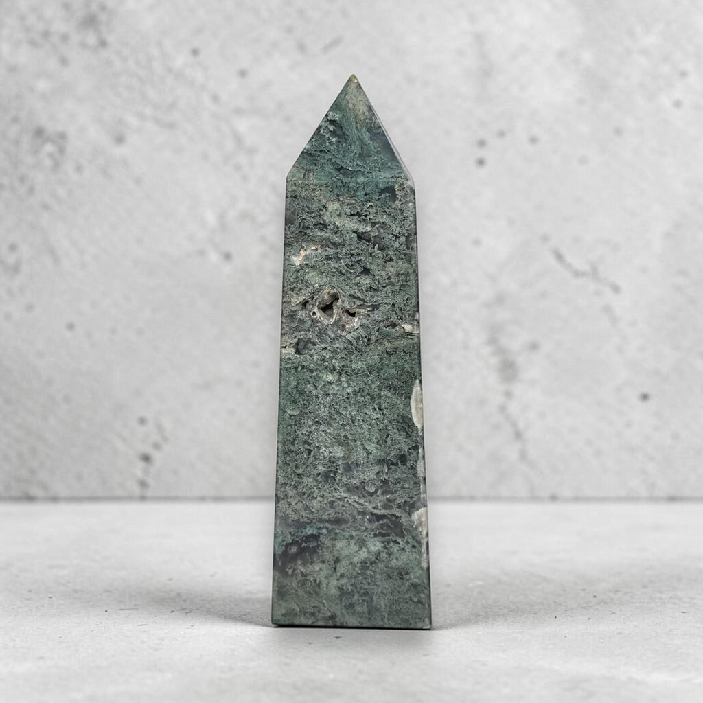 Green moss agate obelisk crystal tower with pointed top and natural pits