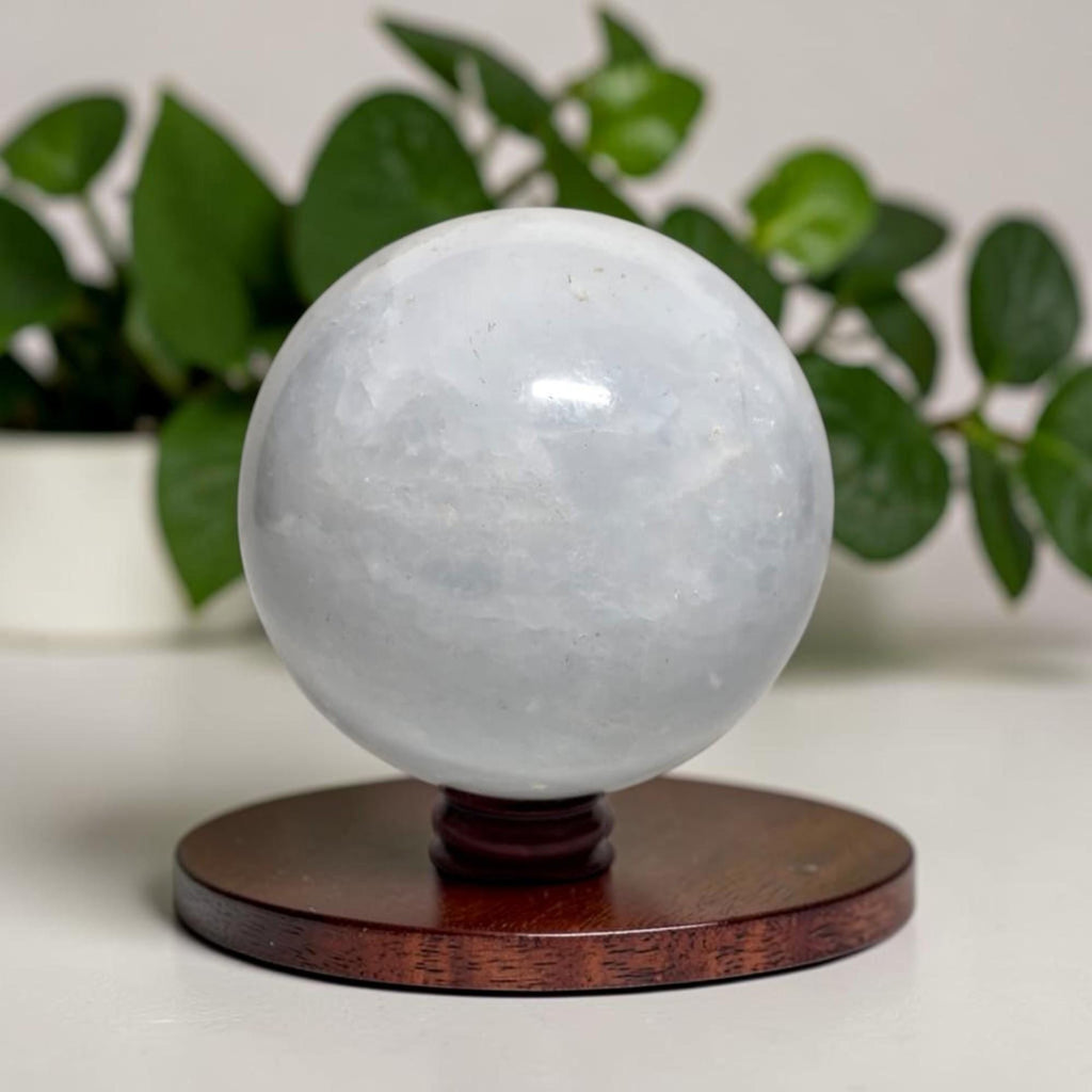 Calcite crystal ball sphere on dark wooden stand, translucent white-gray