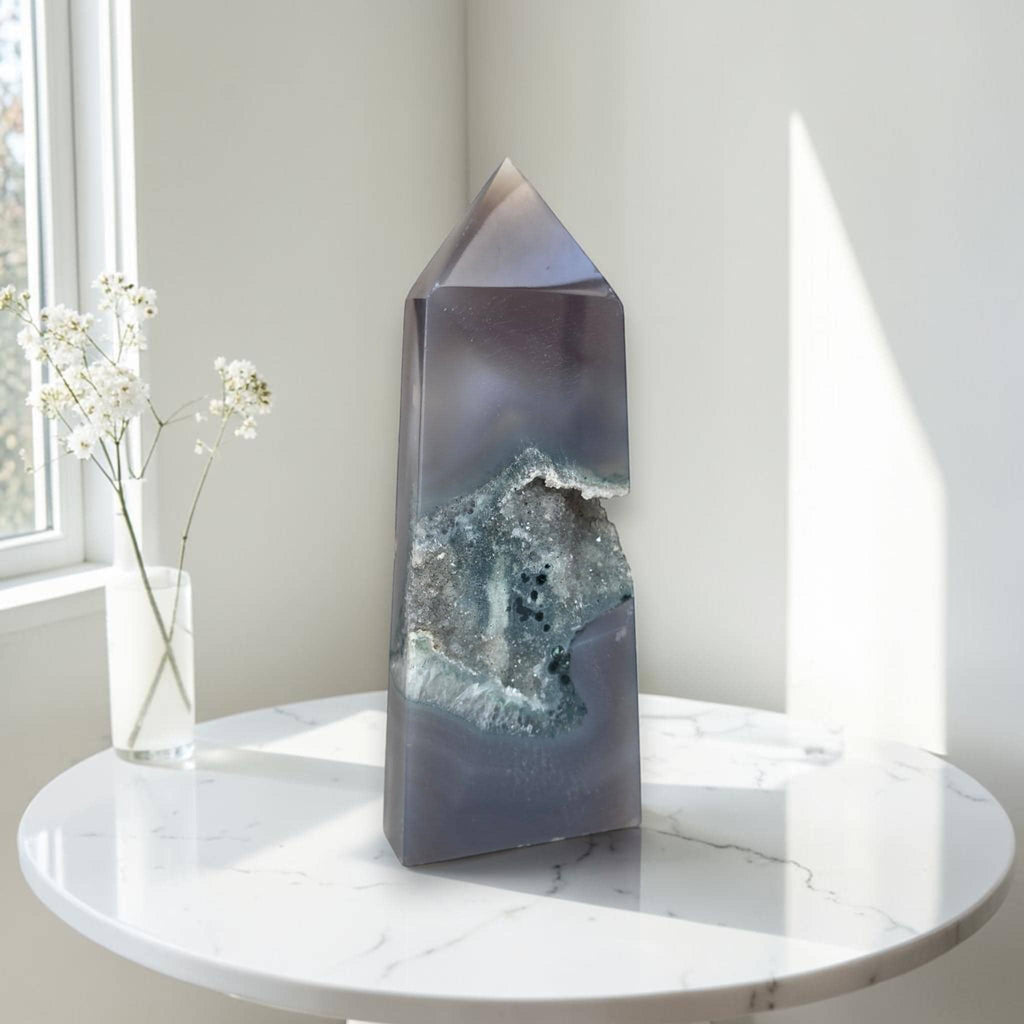 Druzy agate crystal tower with gray-blue druzy center and pointed top