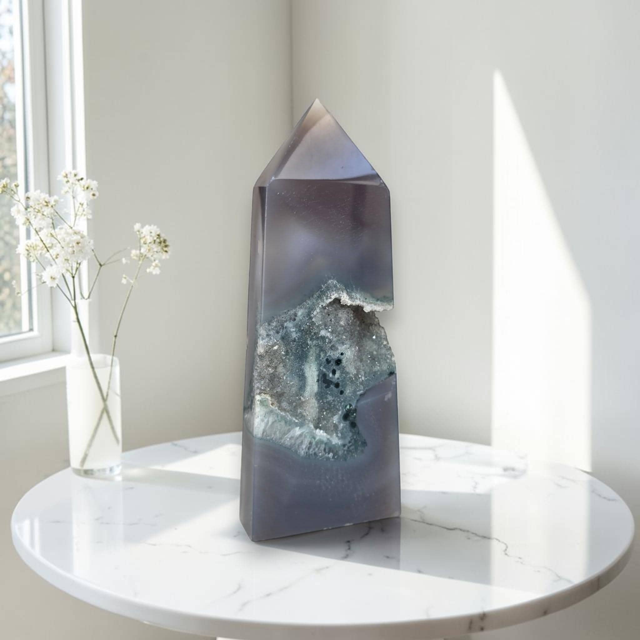 Large Druzy Agate Tower, Geode Crystal Point, Gray Quartz Obelisk Decor