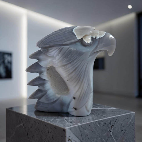 Agate Geode Hand Carved Eagle Head Crystal Sculpture