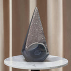 Smoky druzy agate obelisk tower with glittery purple surface and dark banded base