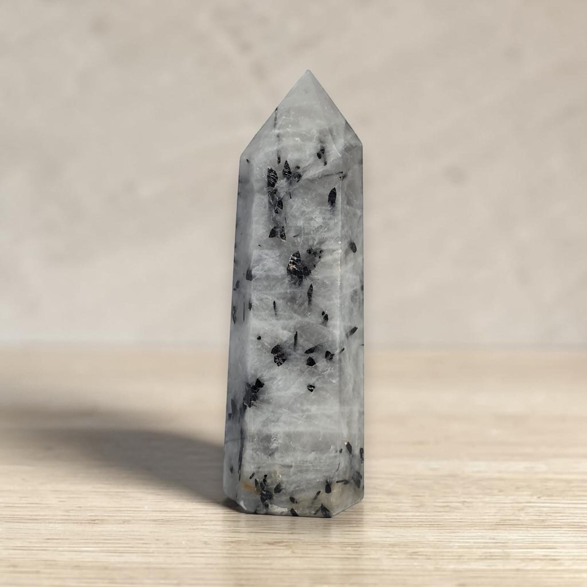 Large Tourmalinated Quartz Tower 7.5 Inch | Black Tourmaline Quartz Obelisk Generator | Protection Grounding Crystal