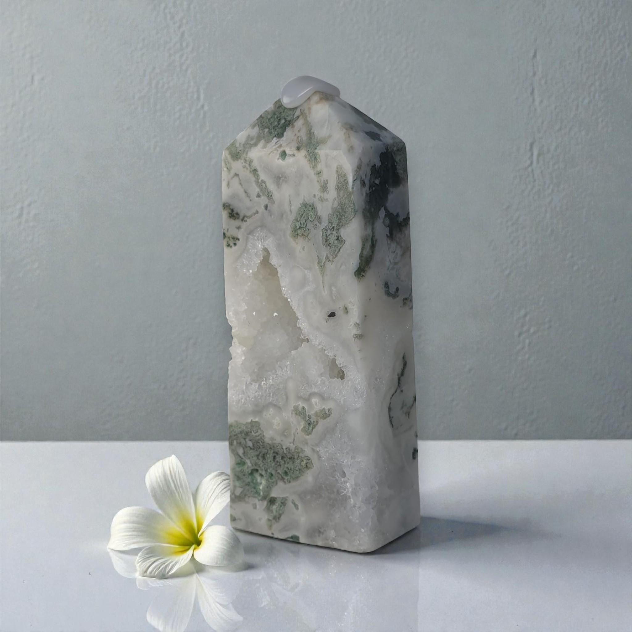 Natural Green Moss Agate Crystal Tower Hollow Druzy Geode Center Large Obelisk Decor