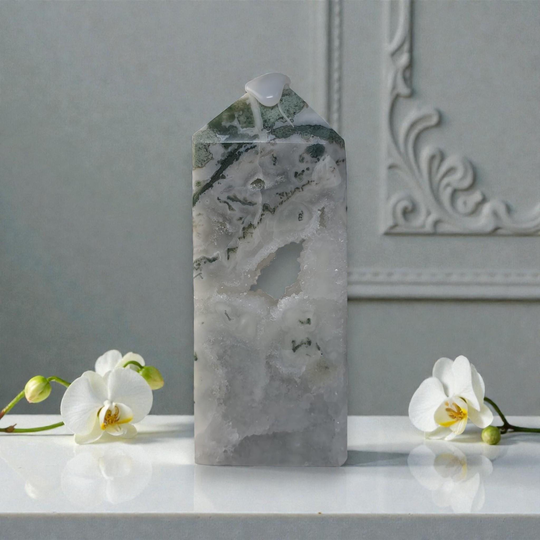 Natural Green Moss Agate Crystal Tower Hollow Druzy Geode Center Large Obelisk Decor