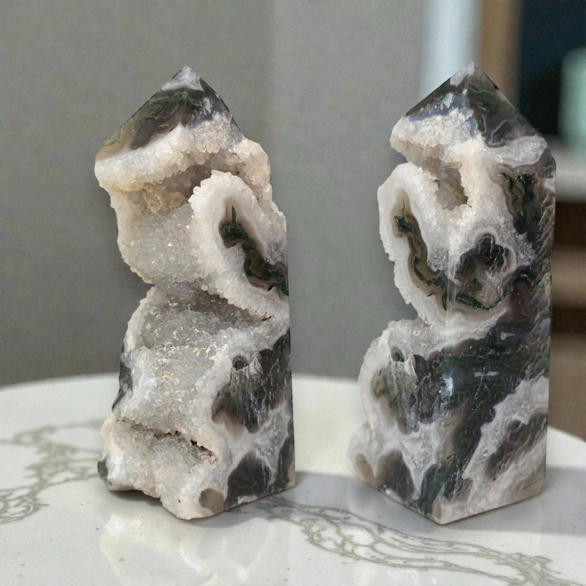 Moss Agate Tower Druzy, Healing Stone Decor Gift