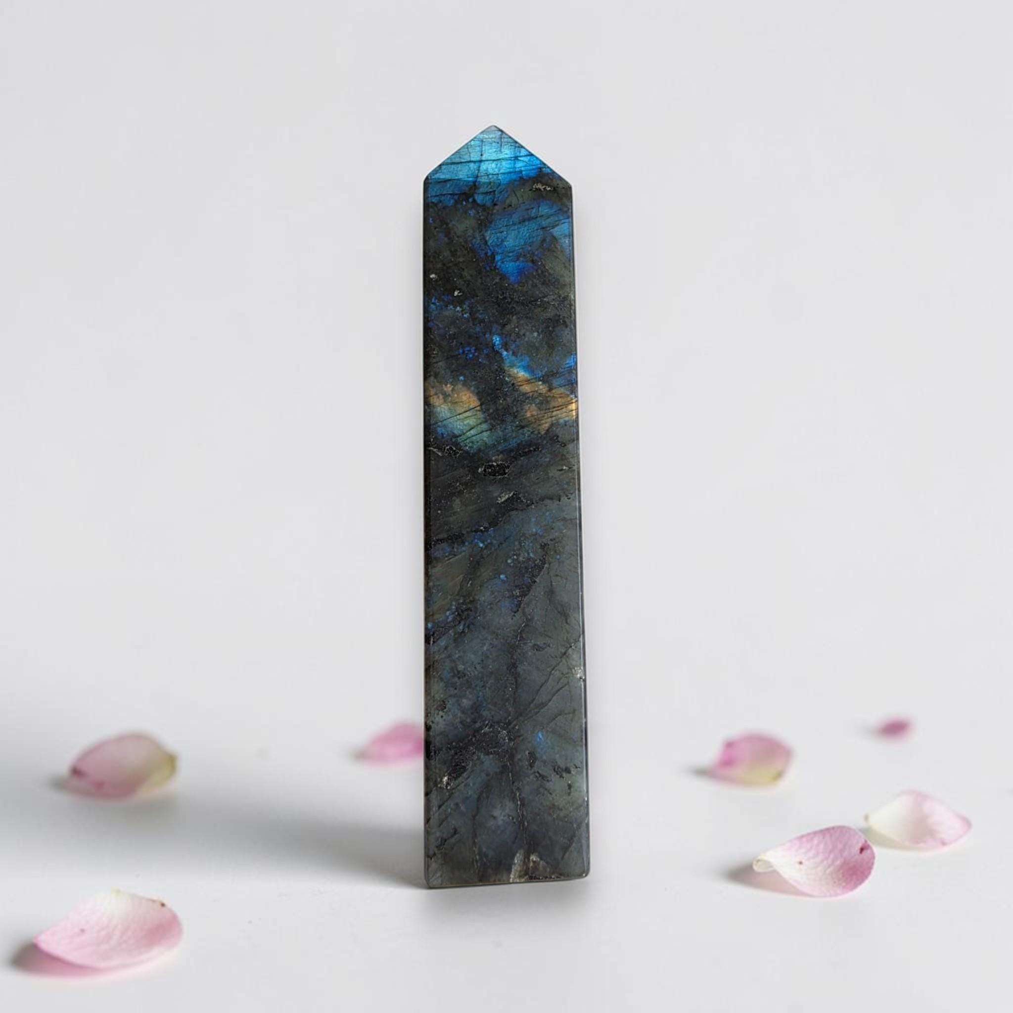 Labradorite crystal tower, dark gray with vivid blue iridescence, pointed tip