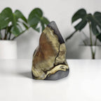 Polished agate stone decor with layered yellow, tan, and dark gray pattern