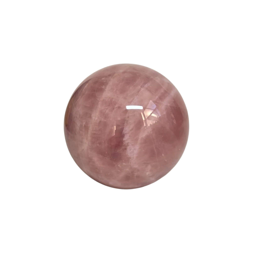 Rose quartz sphere, 73mm, rounded pink gemstone with glossy surface and inclusions