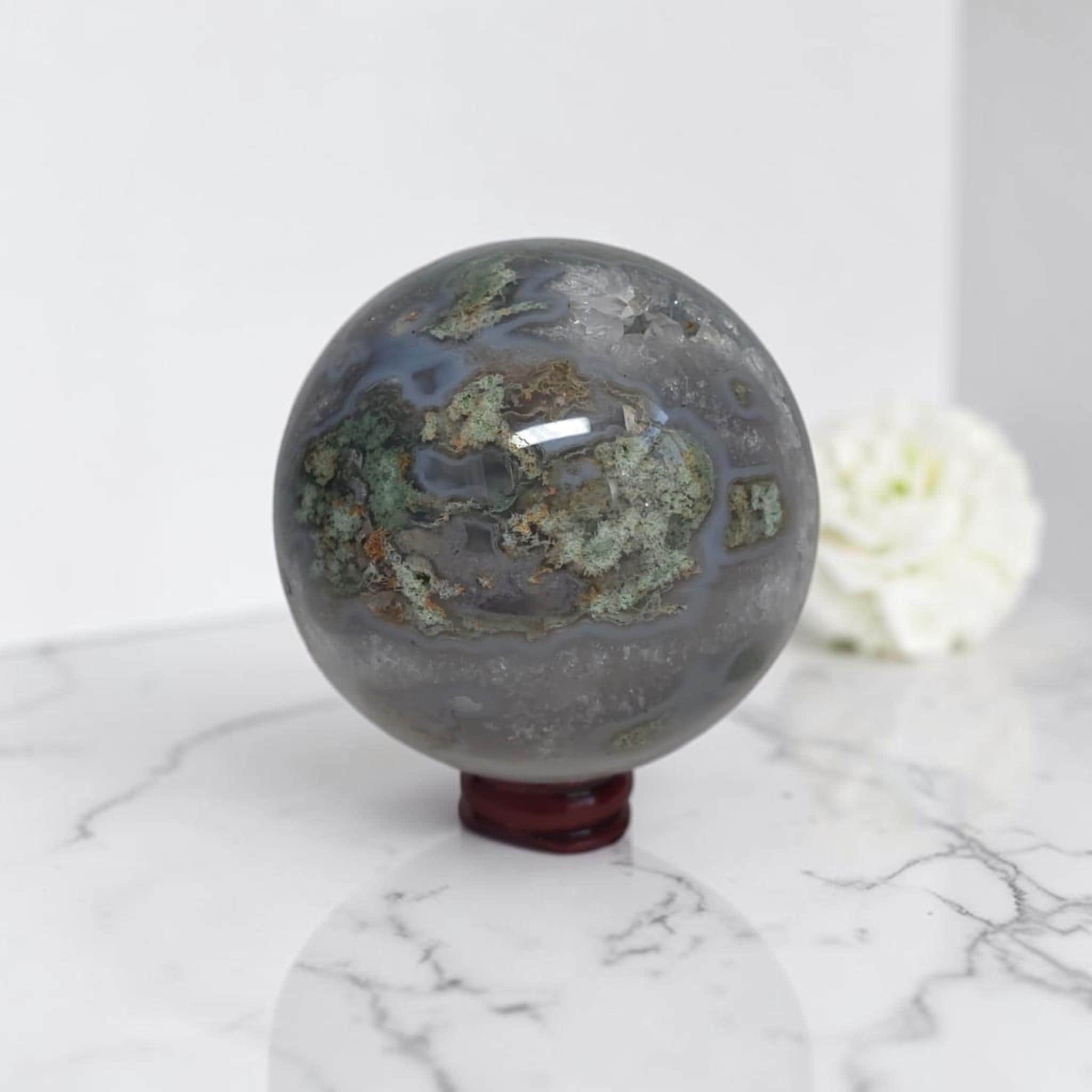 Moss Agate Geode Sphere, Druzy Crystal Orb, Luxury Collector Decor, Unique Healing Stone