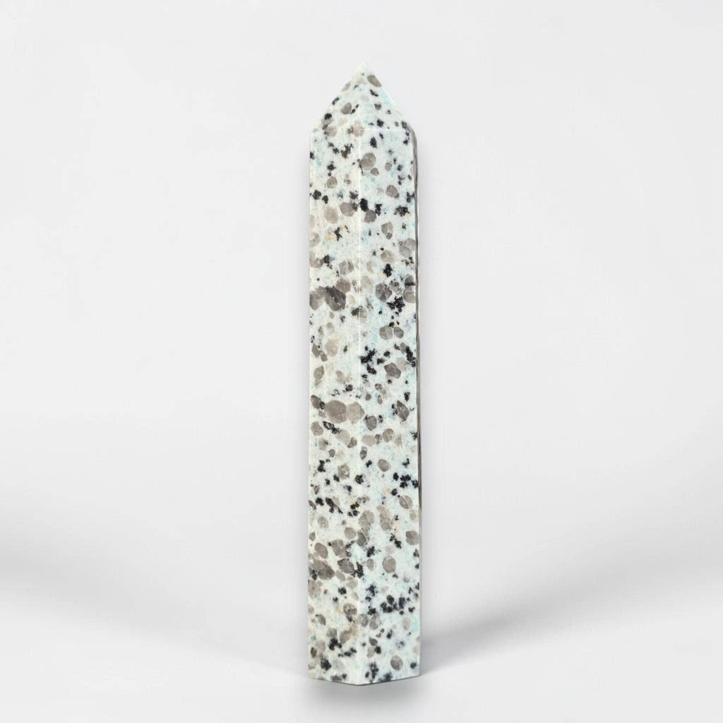 Tall polished jasper obelisk with pointed top, speckled pattern on light stone.