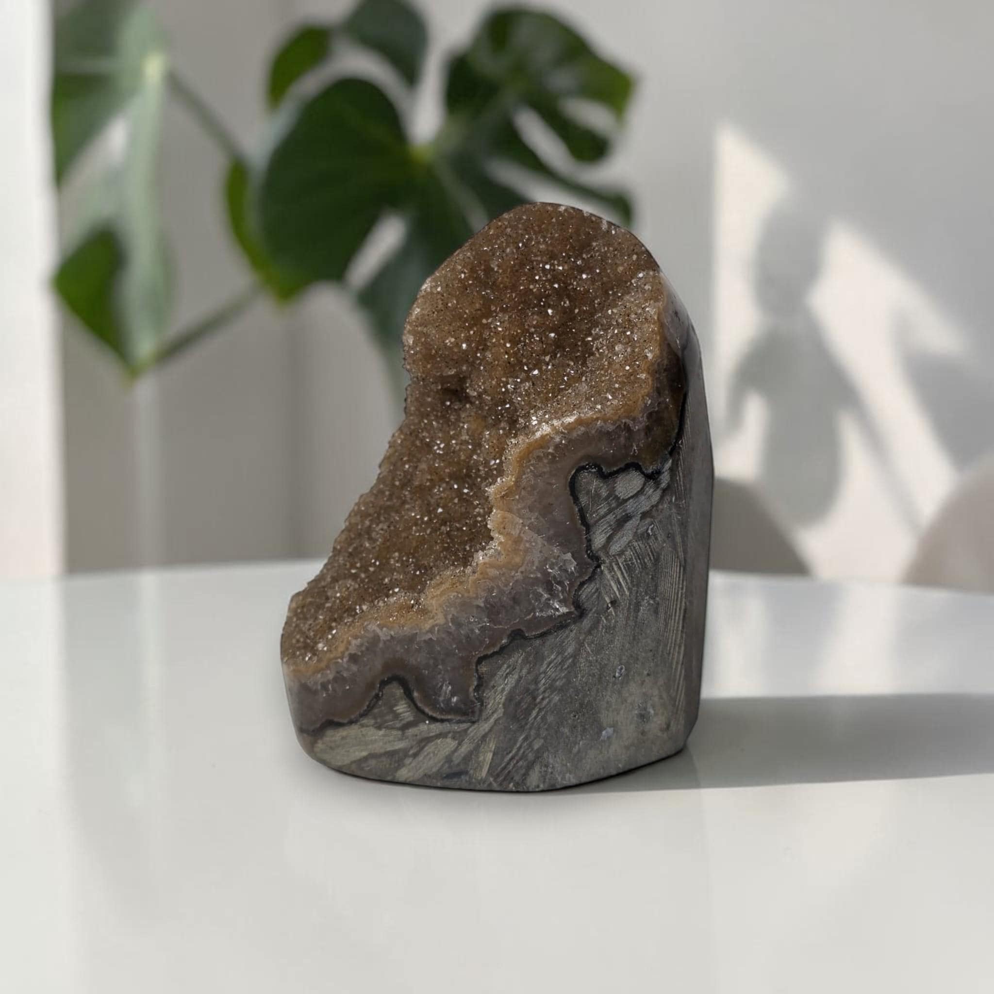 Brown Amethyst Geode with Calcite, Sparkling Druzy Quartz Freeform Mineral Specimen Decor