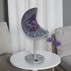 Amethyst druzy moon crystal decor with blue-gray agate on silver metal stand