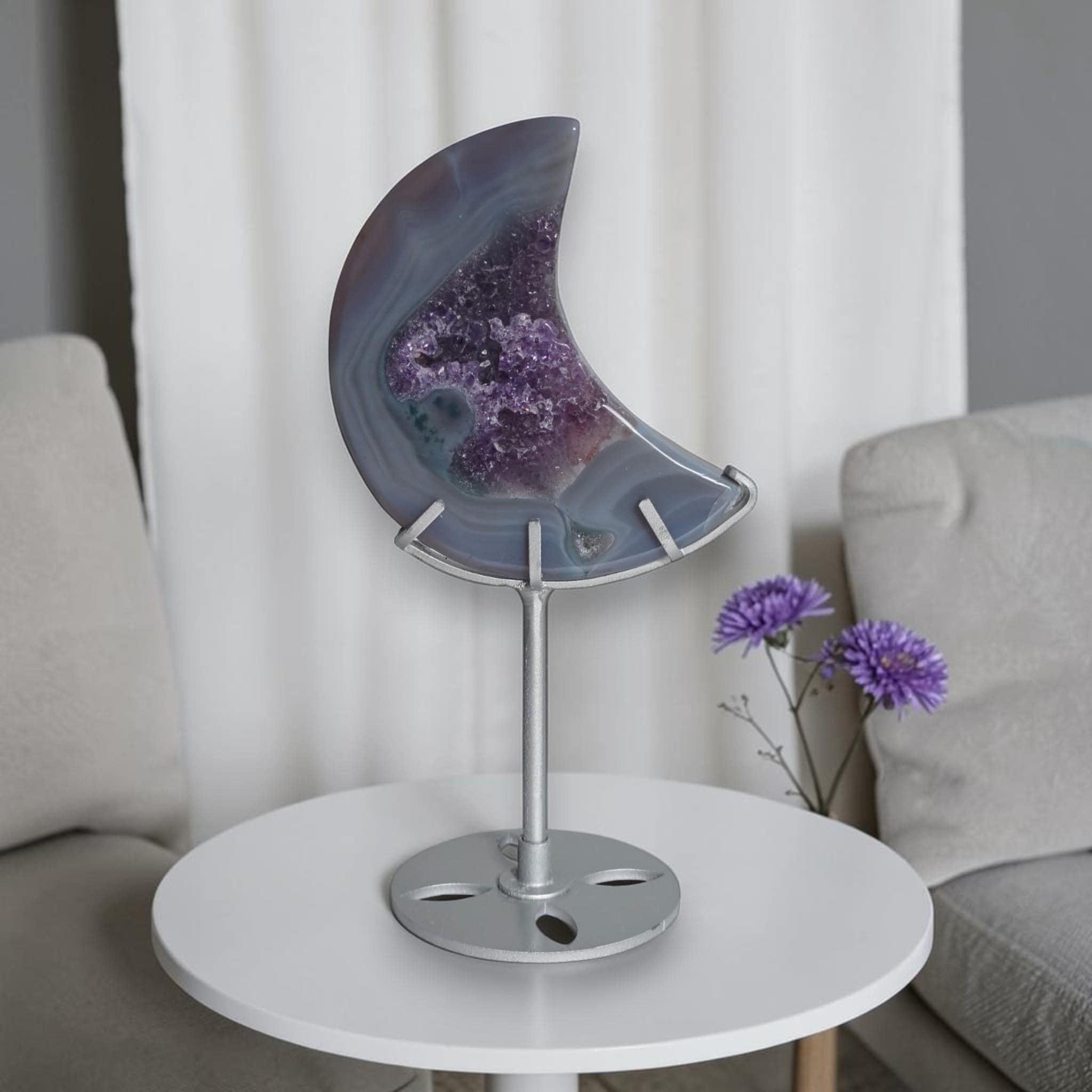 Blue Agate Moon Druzy Geode Crystal Decor