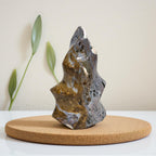 Freeform ocean jasper crystal flame on round base, blue-gray stone with gold veining