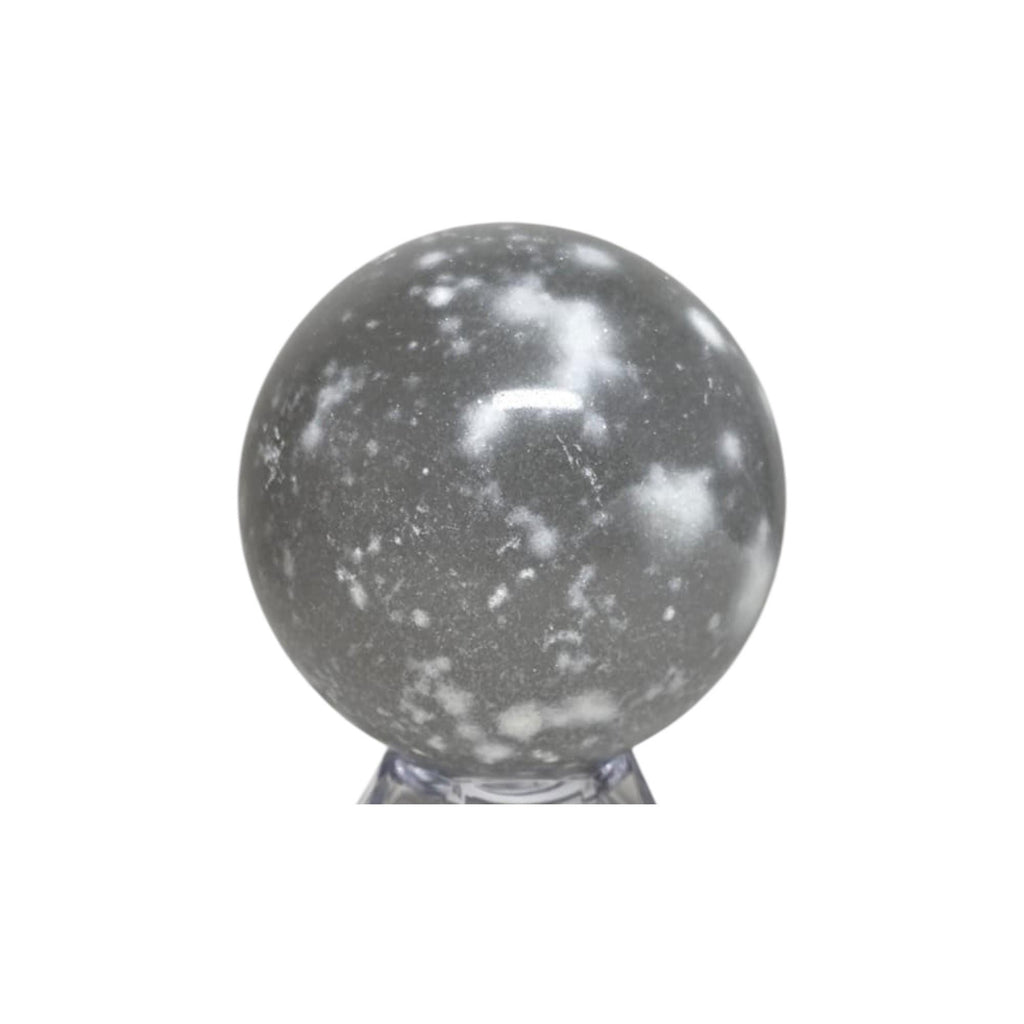 Silver-gray jasper crystal ball sphere with speckles on clear stand