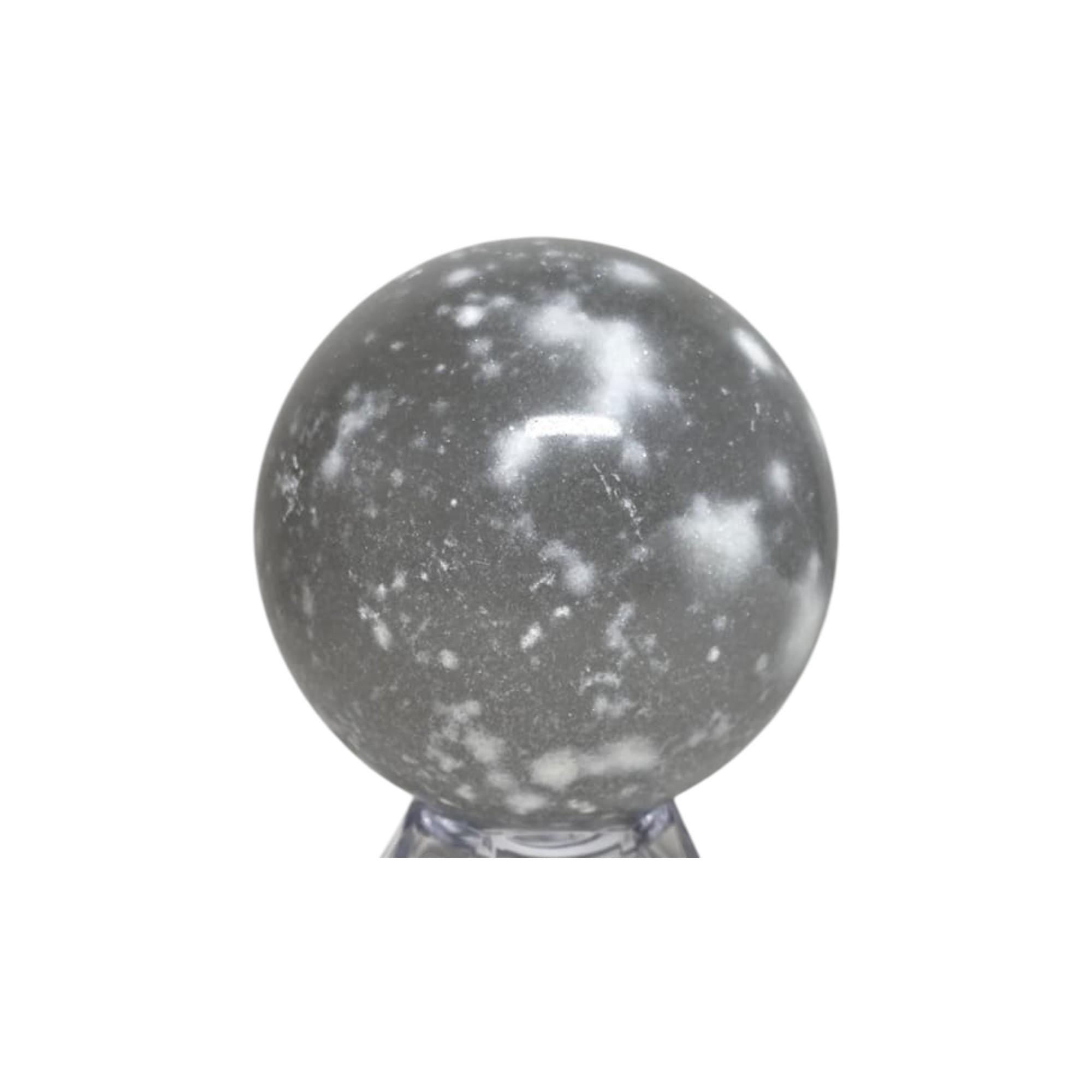 Silver-gray jasper crystal ball sphere with speckles on clear stand