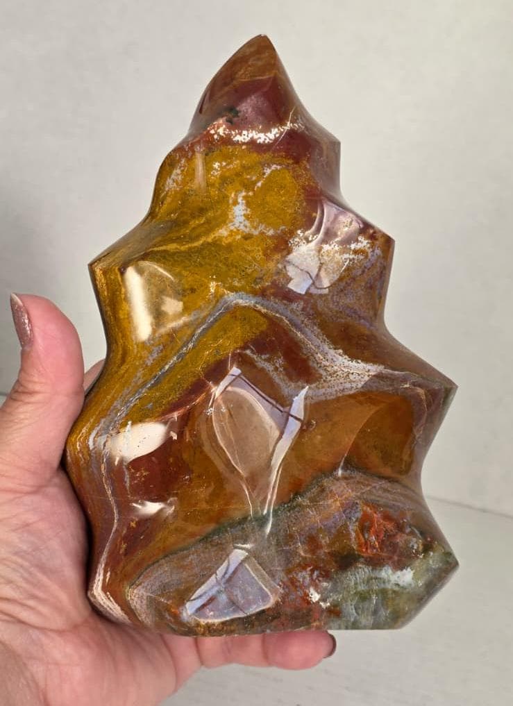 Ocean Jasper Flame Crystal, Large Polished Stone, Collector Display Decor