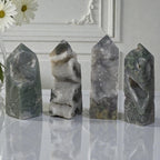Moss agate drusy tower with gray crystal top and dark green mossy veining