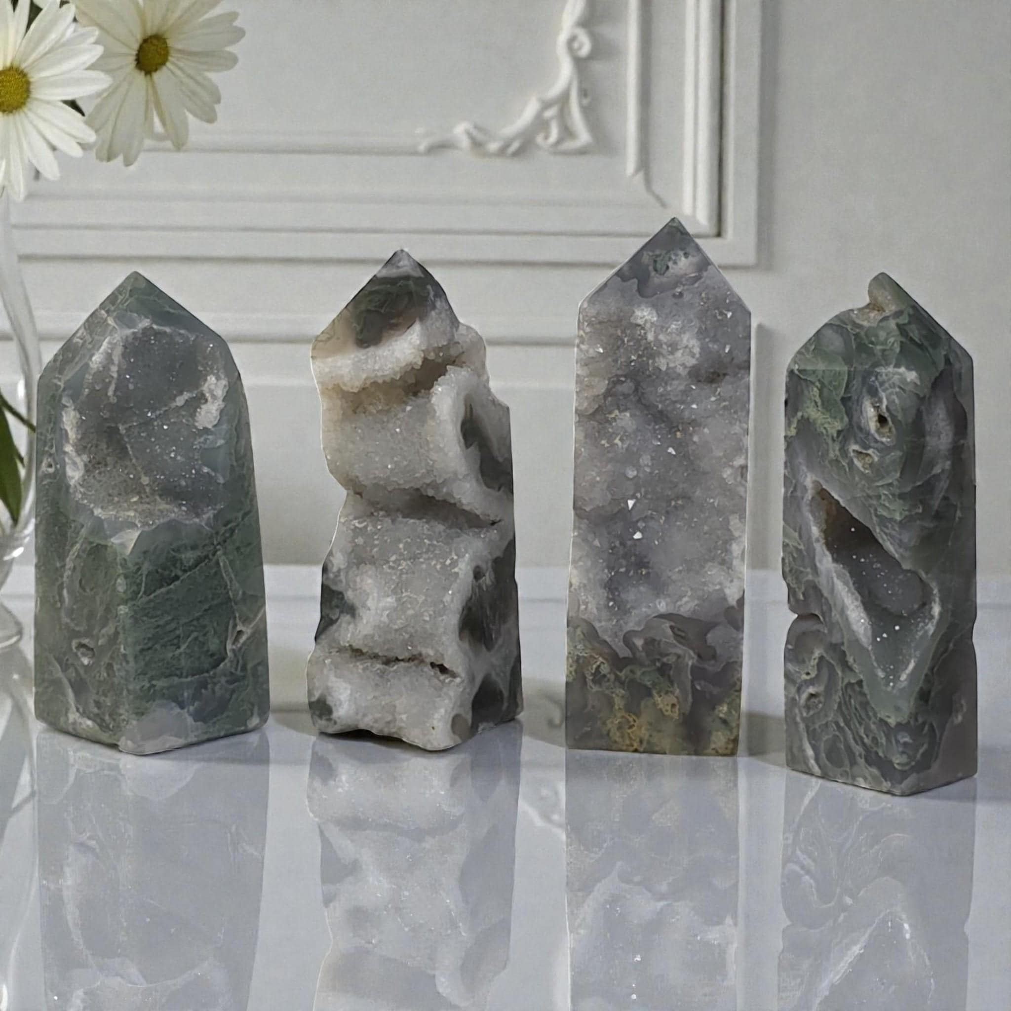 Moss Agate Tower Druzy, Healing Stone Decor Gift