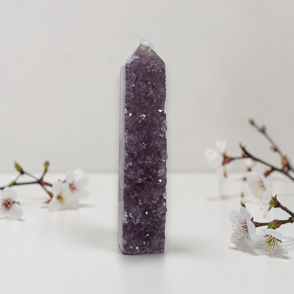 Amethyst drusy crystal tower, tall purple crystal cluster with clear top cap
