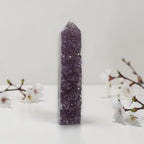 Amethyst drusy crystal tower, tall purple crystal cluster with clear top cap