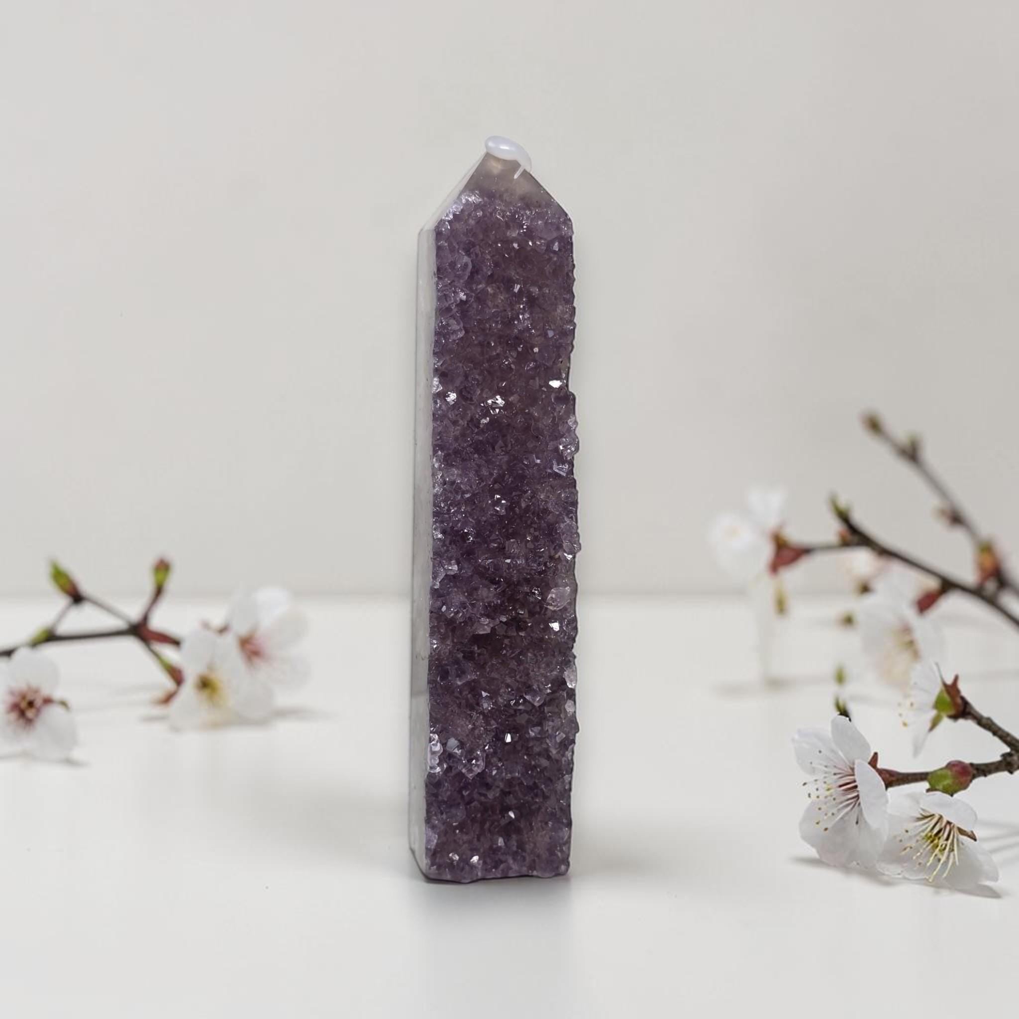 Amethyst drusy crystal tower, tall purple crystal cluster with clear top cap
