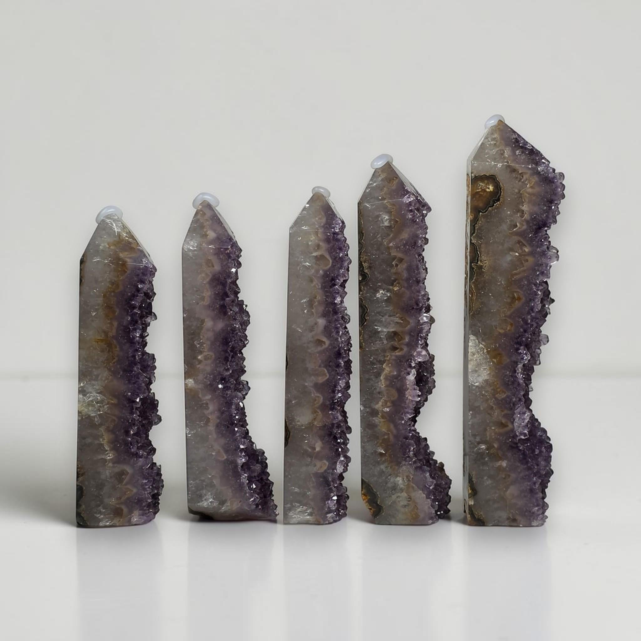Amethyst drusy crystal tower set, mixed purple druzy with clear quartz and inclusions