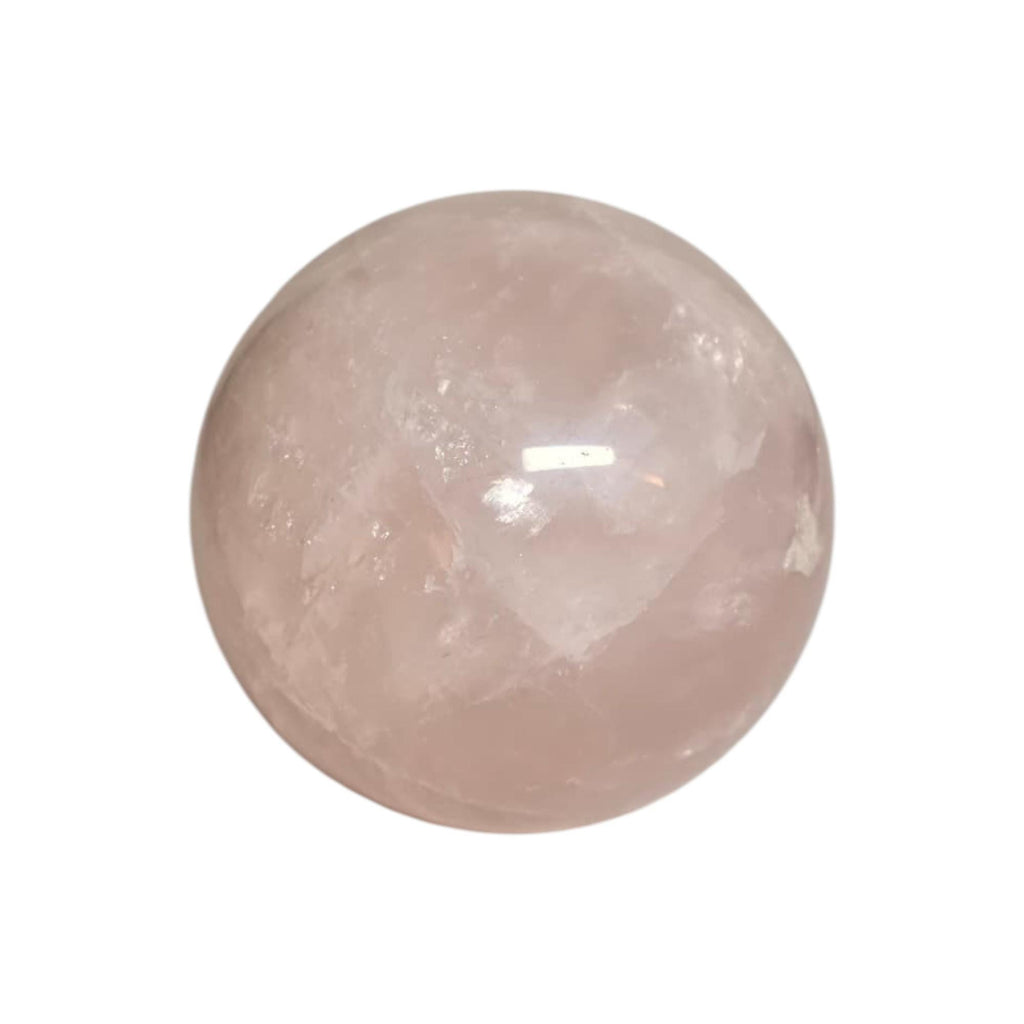 Polished rose quartz sphere, pale pink with glossy highlights and mineral streaks