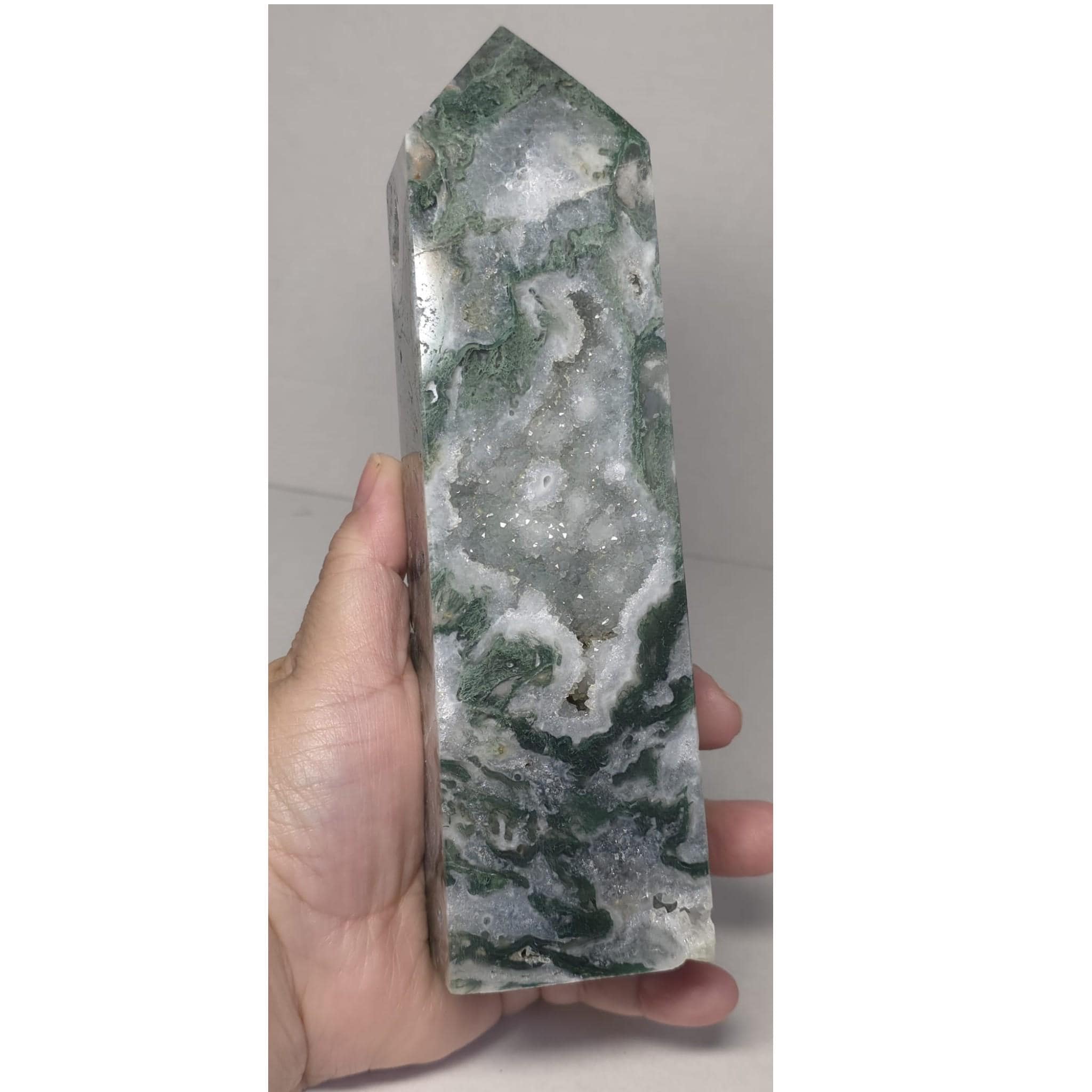 Natural Green Moss Agate Crystal Tower Point Druzy Obelisk Healing Stone Home Decor Gift