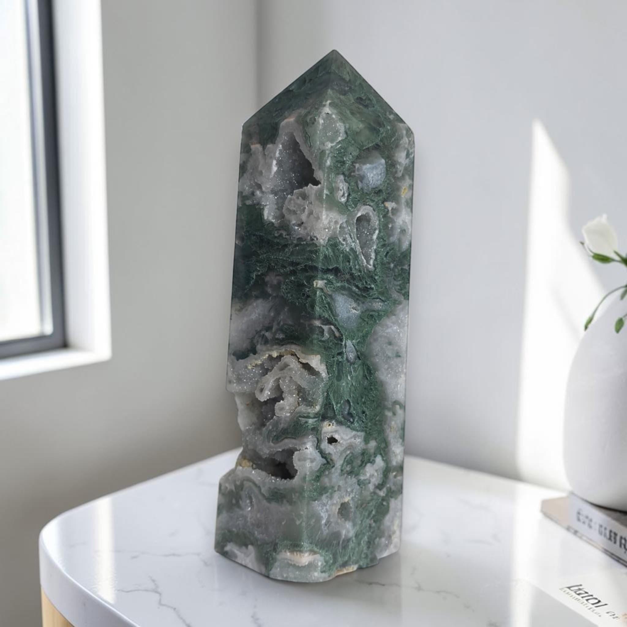 Moss Agate Druzy Tower Crystal Point Green Agate Obelisk Healing Decor
