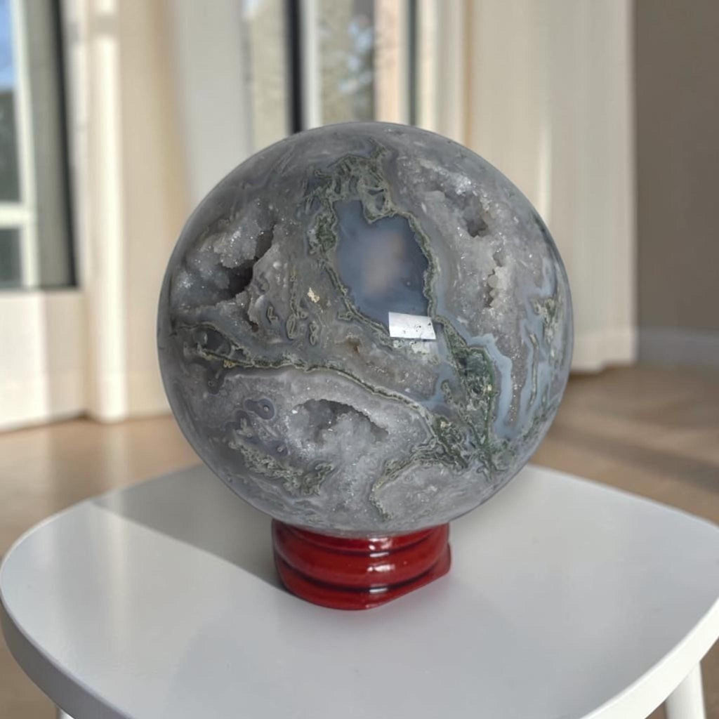 Moss Agate Sphere with Geode, Grey Quartz Decor
