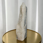 Moss agate drusy geode tower, white druzy side with subtle gray-blue veining
