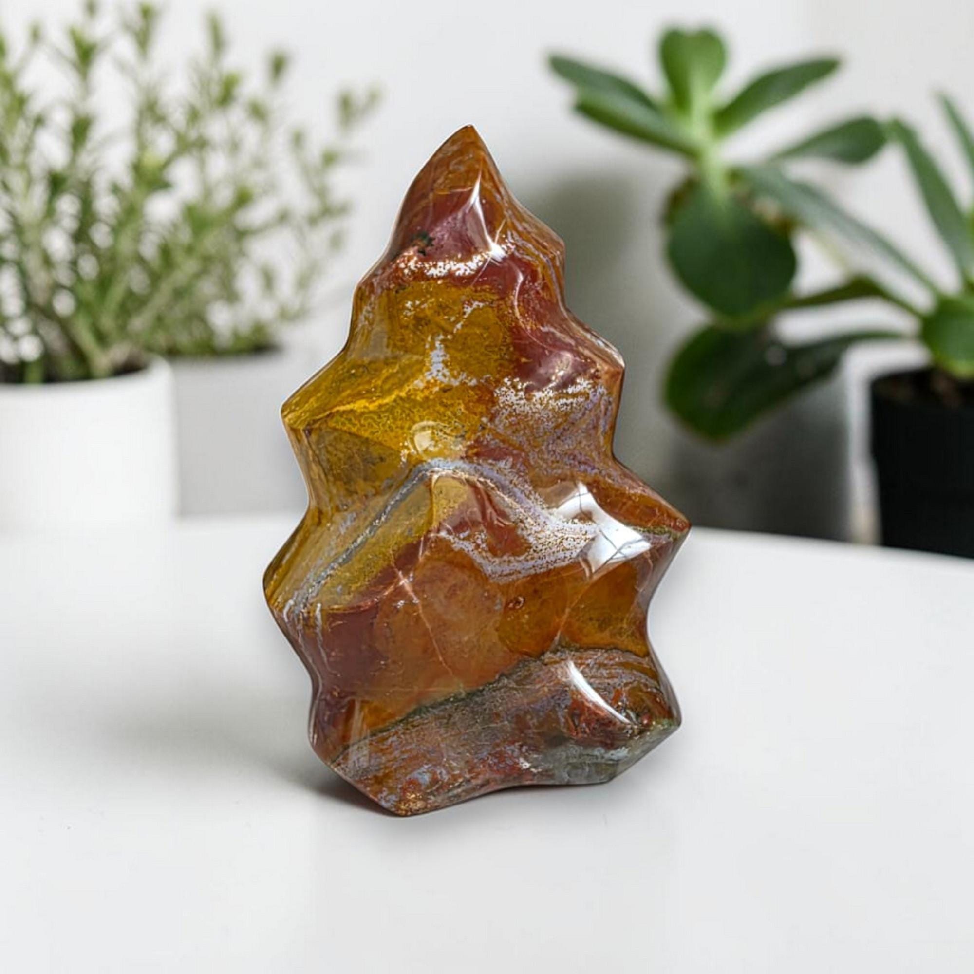 Ocean Jasper Flame Crystal, Large Polished Stone, Collector Display Decor