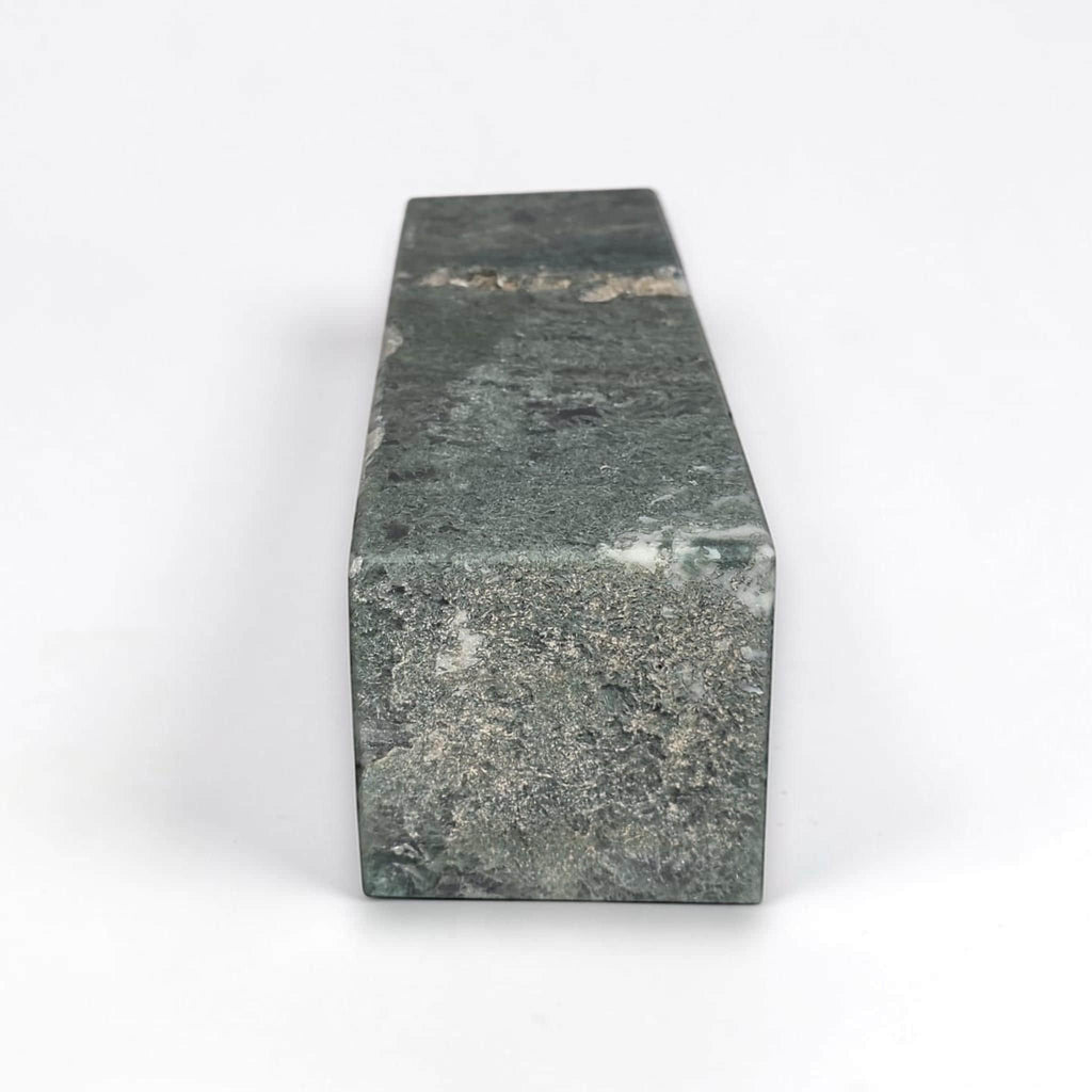 Green moss agate obelisk crystal tower with flat cut base and mottled surface