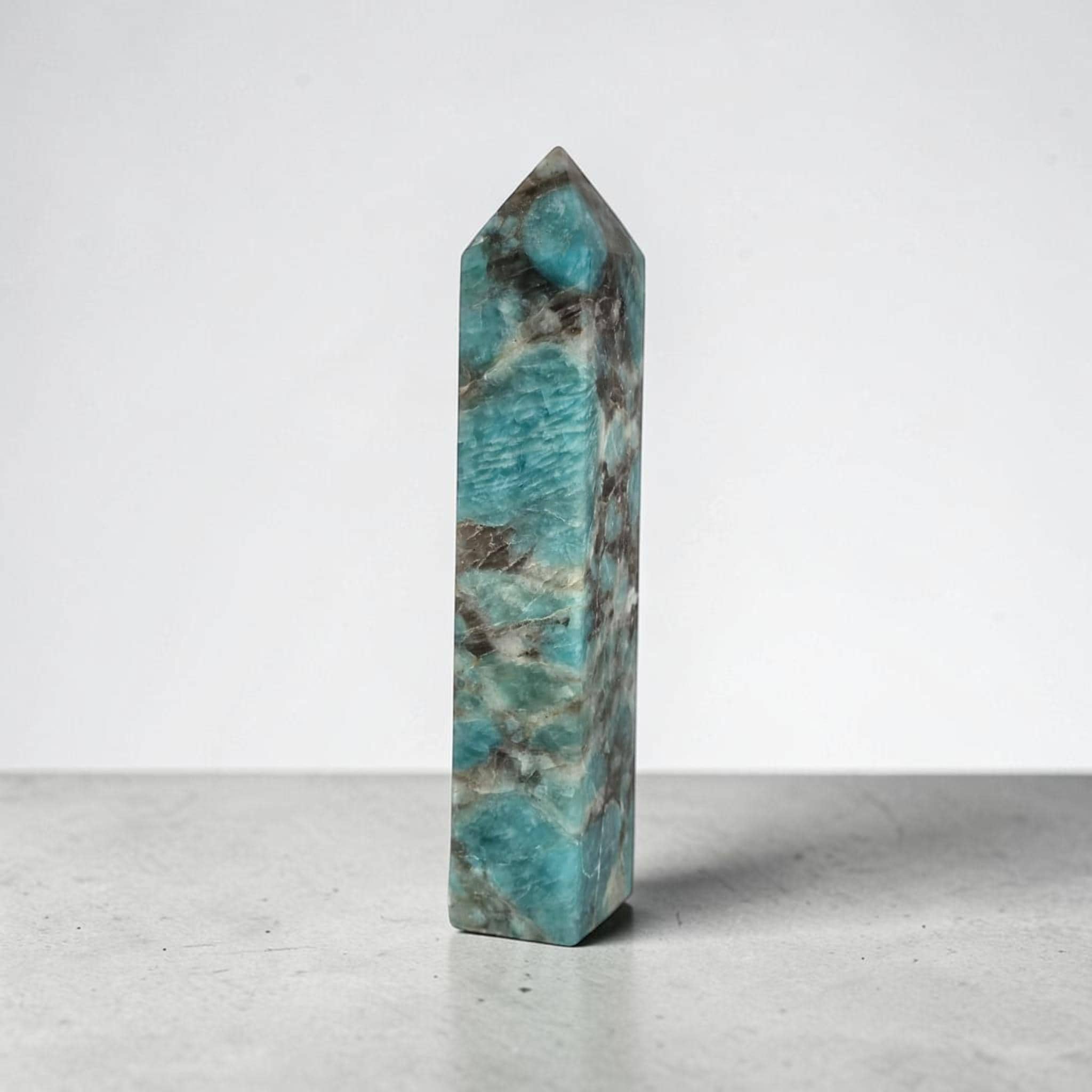Amazonite Tower 6.9” Blue Green Obelisk Point Smoky Quartz Mineral Decor