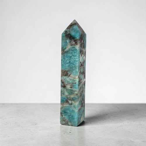 Amazonite Tower 6.9” Blue Green Obelisk Point Smoky Quartz Mineral Decor