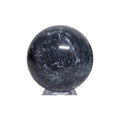 Dark gray jasper crystal ball sphere with glossy swirled texture on clear stand