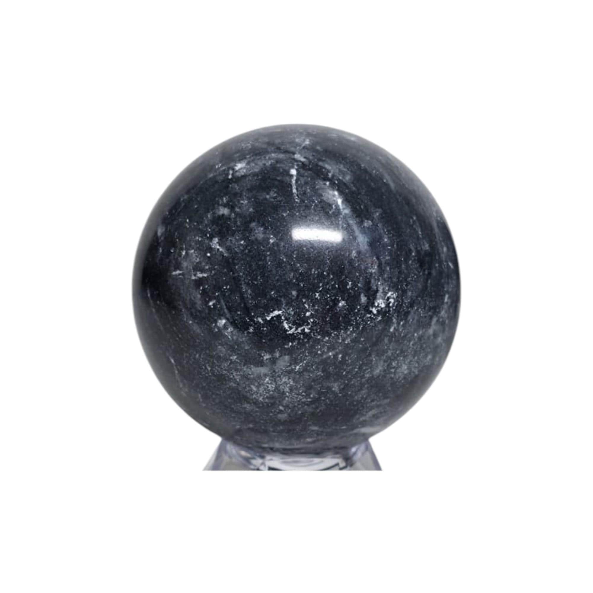 Dark gray jasper crystal ball sphere with glossy swirled texture on clear stand