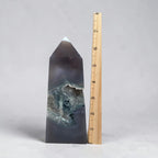 Large druzy agate tower with gray-blue druzy pocket and tall pointed top