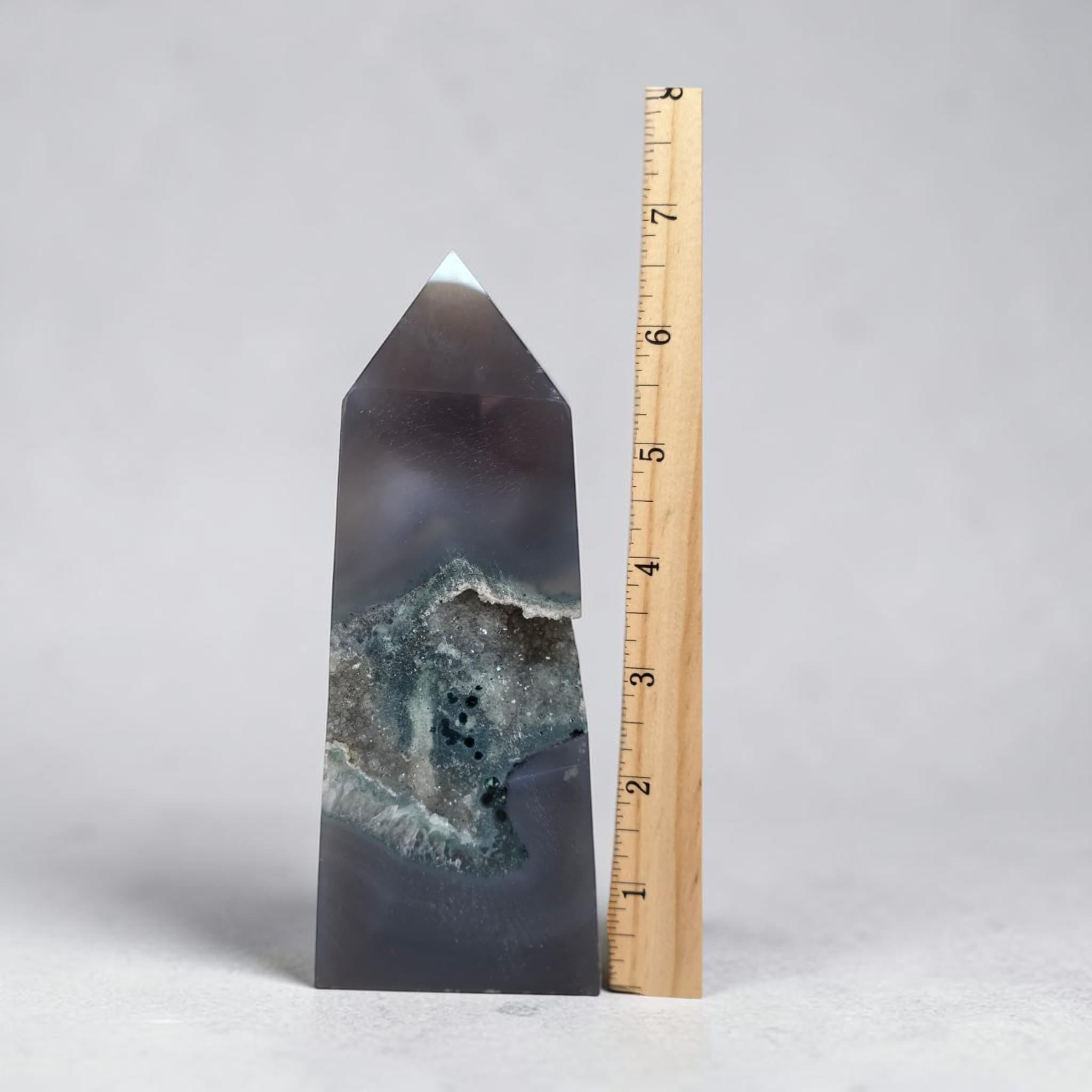 Large Druzy Agate Tower, Geode Crystal Point, Gray Quartz Obelisk Decor