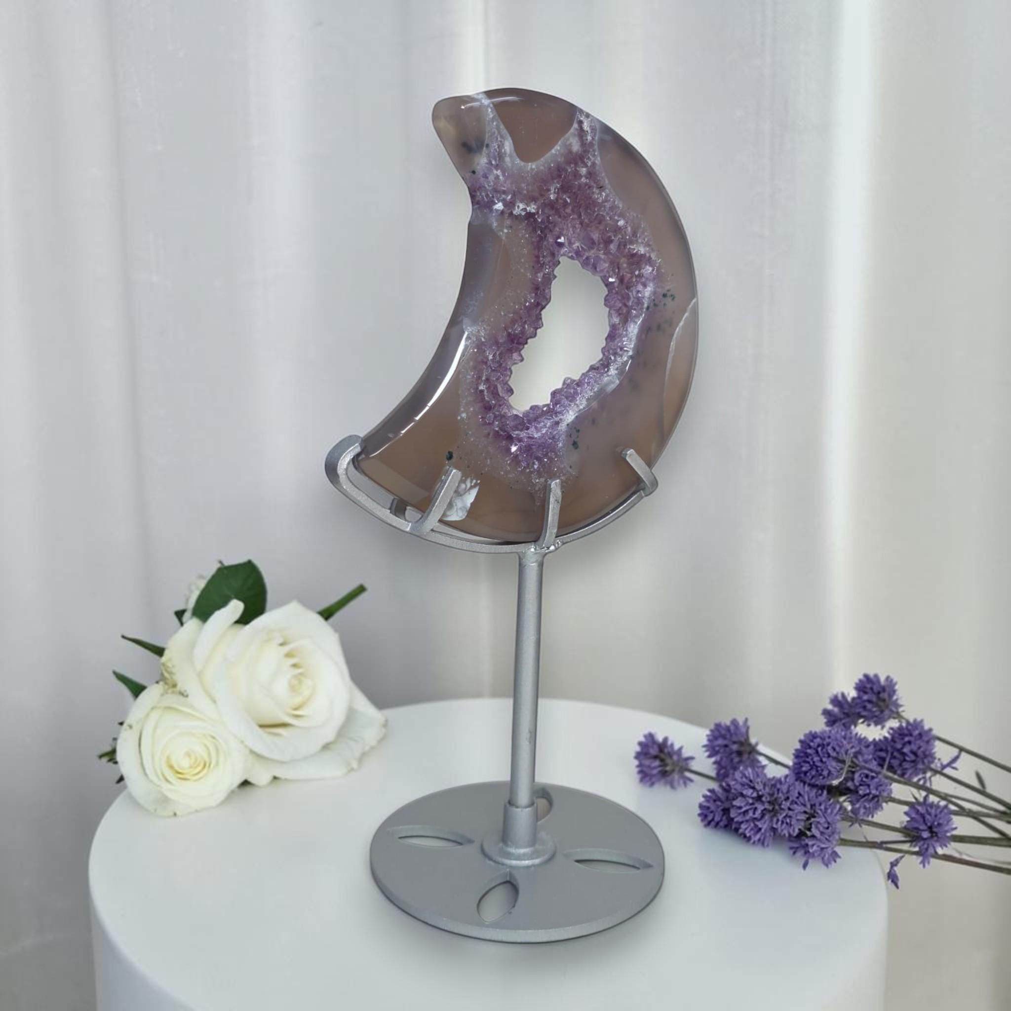 Lavender Druzy Agate Moon, Crystal Moon Decor, Purple Geode Crescent