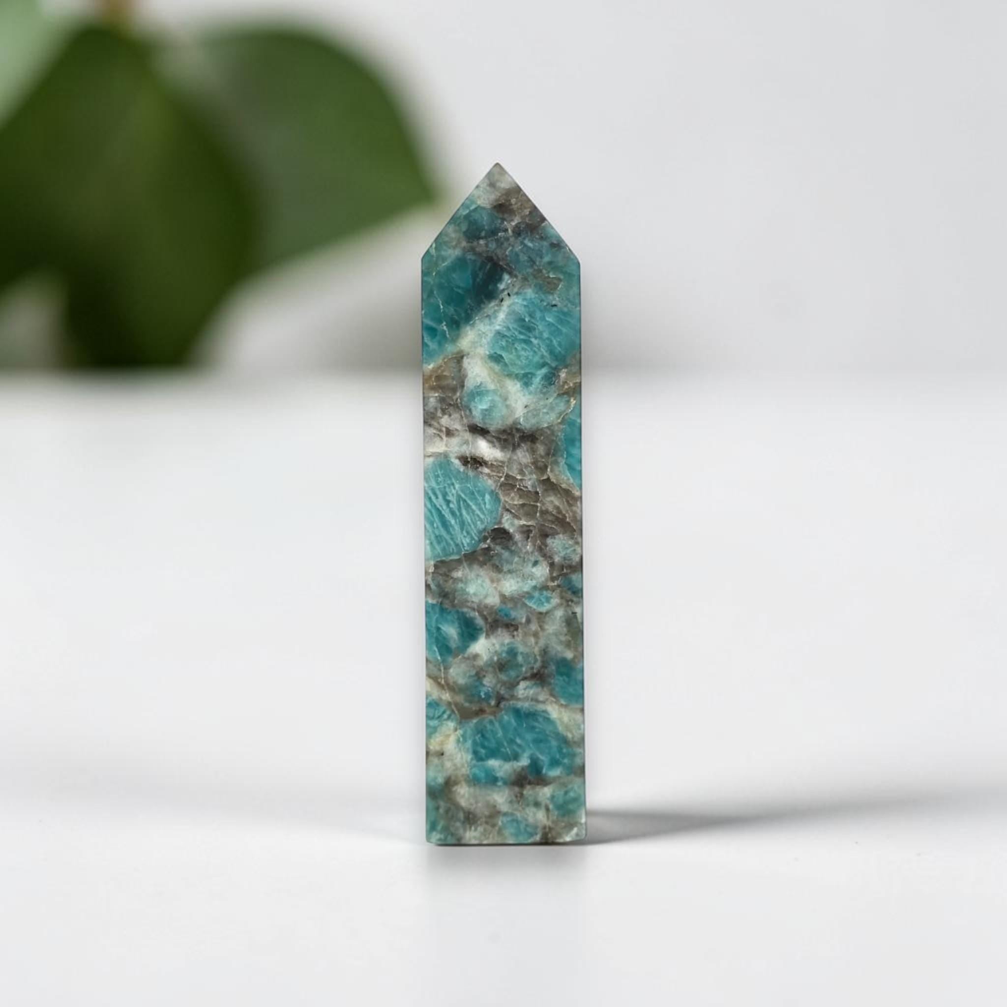 Amazonite Tower 6.9” Blue Green Obelisk Point Smoky Quartz Mineral Decor