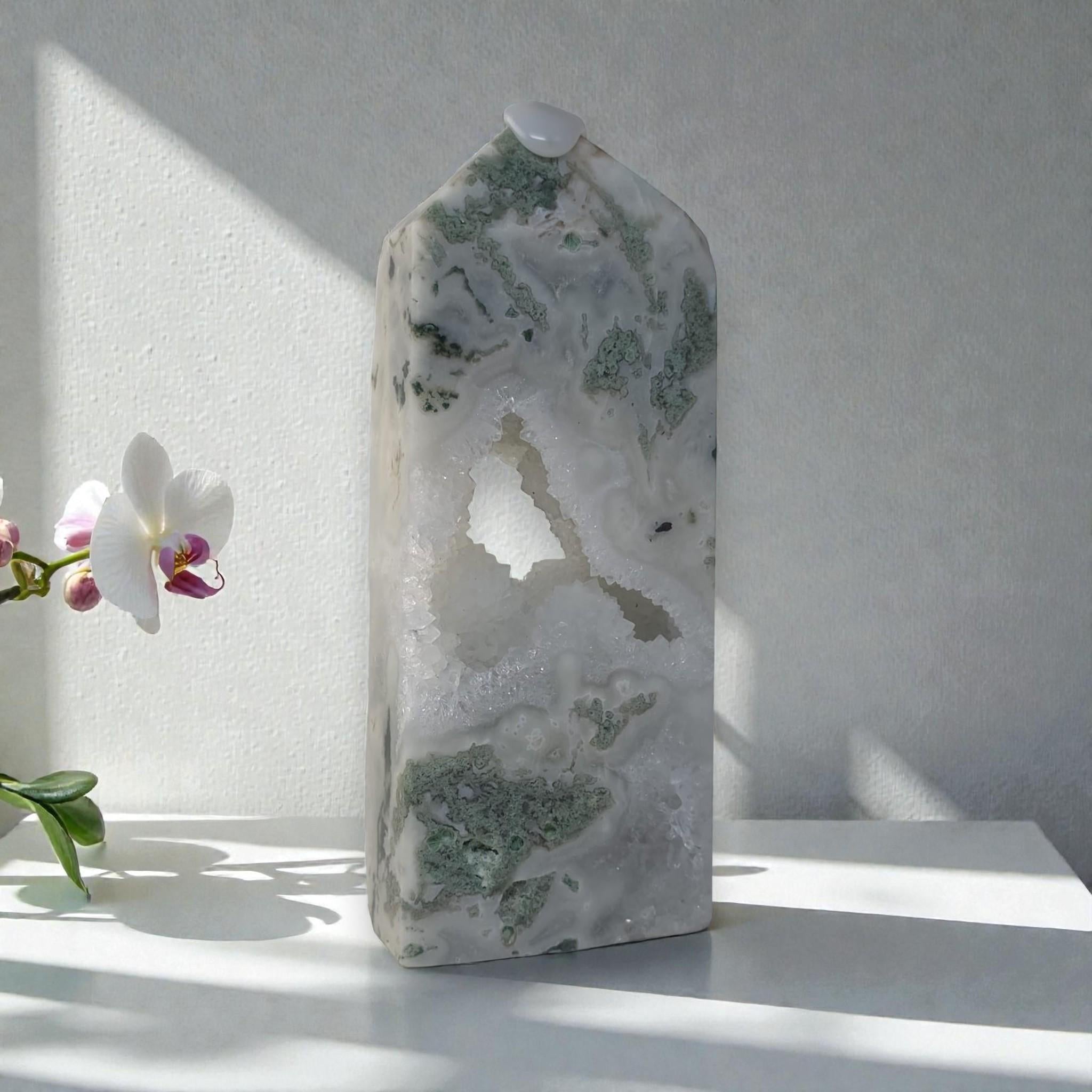 Natural Green Moss Agate Crystal Tower Hollow Druzy Geode Center Large Obelisk Decor