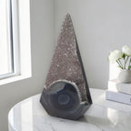 Smoky druzy agate obelisk tower with speckled purple top and dark gray banded base